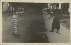 Police Cop Convict Prisoner Cleaning Street c1910 Amateur Real Photo Postcard