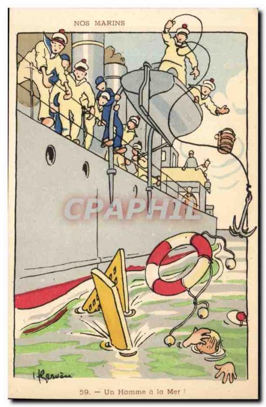 Our Marins- A Man Overboard-Postcard Old Illustrator Gervese