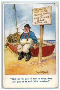 c1910's Fat Man Fishermen Pipe Boats For Hire Bait Supplied Sign Postcard