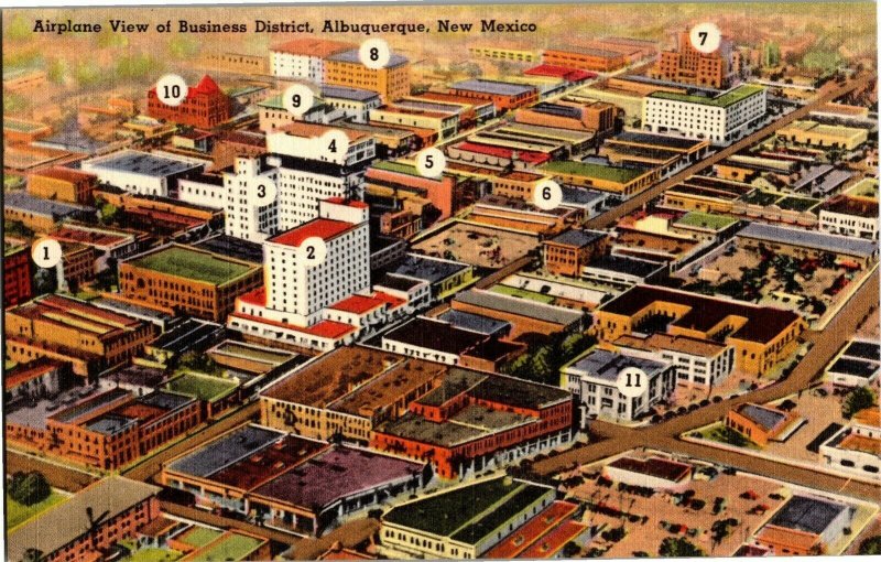 Airplane View of Business District, Albuquerque NM Vintage Linen Postcard D10