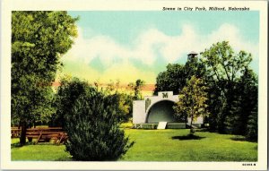 Scene in City Park, Band Stand, Milford NE Vintage Linen Postcard D02