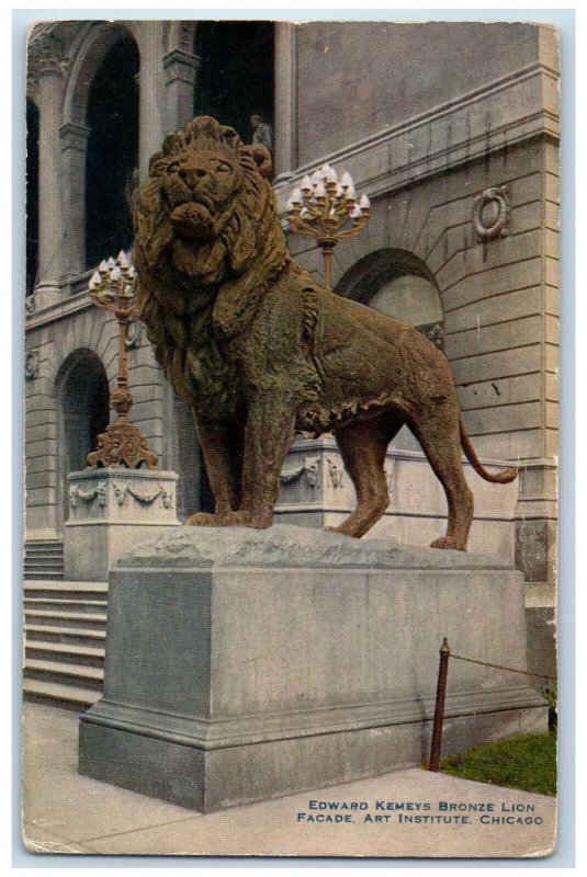 1914 Edward Kemeys Bronze Lion Facade Art Institute Chicago Illinois IL Postcard