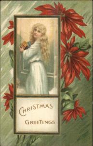 Christmas - Santa Little Girl Angel Gifts - Poinsettia Border c1910 Postcard 
