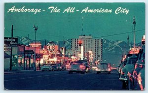 ANCHORAGE, AK Alaska ~ Night Neon STREET SCENE 1966 ~ c1950s Cars Postcard