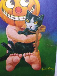 Halloween Postcard Fantasy Goblin Pumpkin Holds Black Cat Bernhard Wall Ullman 