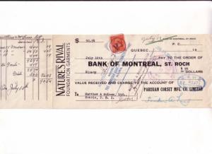 Cheque Bank of Montreal 1934, Nature's Rivel, Parisan Corset, St Roch, Quebec