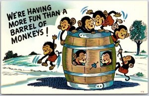 We're Having More Fun Than A Barrel of Monkeys! Playing Monkeys Comic Postcard