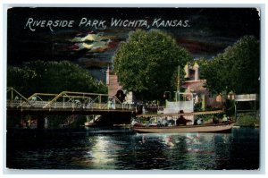 c1910 Riverside Park Exterior Building Bridge Night Wichita Kansas KS Postcard