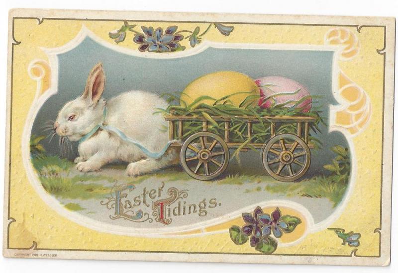 Vintage Easter Postcard Rabbit Pulling Cart Egg 1910 Wessler