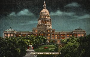 Vintage Postcard State Capitol At Night Brilliantly Illuminated Austin Texas TX