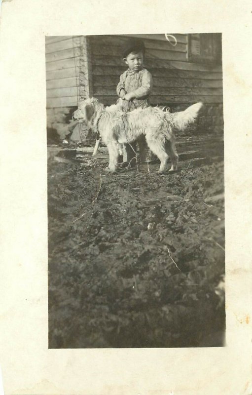 c1910 RPPC Postcard; Small Boy with Scruffy Dog on a Rope, Unknown US Unposted