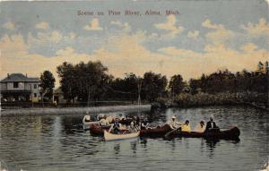 Alma Michigan~Pine River Scene~People Canoeing~House Bknd~c1910 Postcard