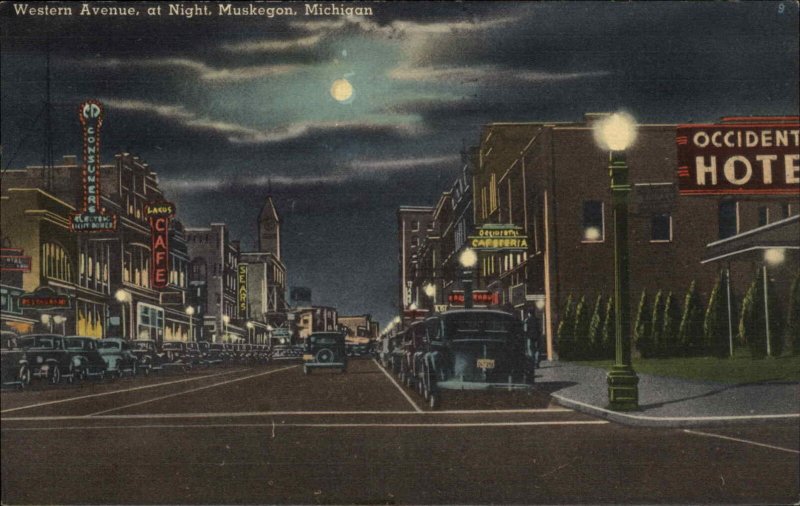 Muskegon Michigan MI Western Avenue at Night Neon Signs Linen Vintage Postcard