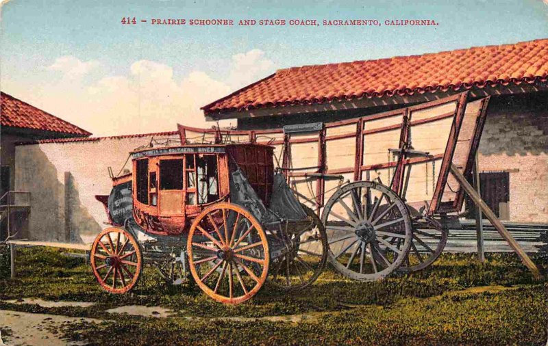 Stage Coach Prairie Schooner Sacramento California 1910c postcard