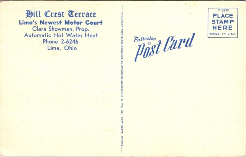 Hill Crest Terrace Motor Court Lima Ohio Postcard