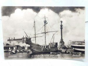 Santa Maria Ship Firing Cannon Barcelona Christopher Colombus Vtg RP Postcard