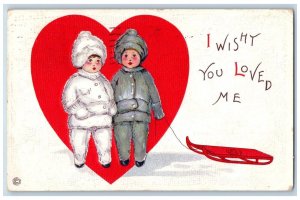 Valentine Postcard Children Big Heart Winter Suit Sled I Wish You Loved Me 1915