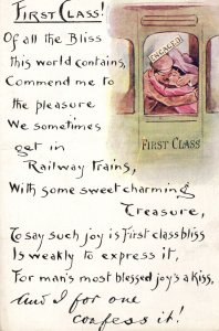 1917 Railway Train WW1 Lovers Kissing First Class Carriage Comic Old Postcard