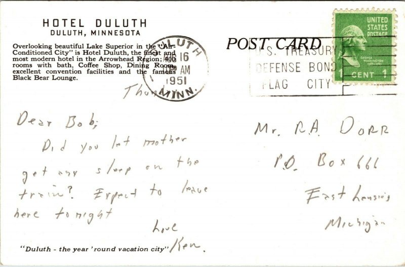 Hotel Duluth Overlooking Lake Superior in Duluth Minnesota Postcard POSTED 1950