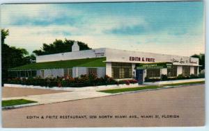 MIAMI, Florida  FL  Roadside EDITH & FRITZ RESTAURANT c1940s-50s Linen Postcard