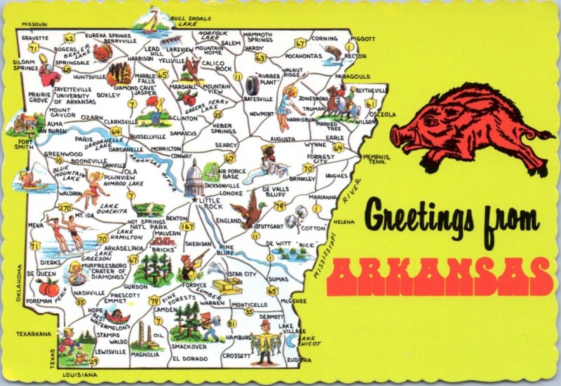 Postcard Map Arkansas  Greetings from - map with razorback