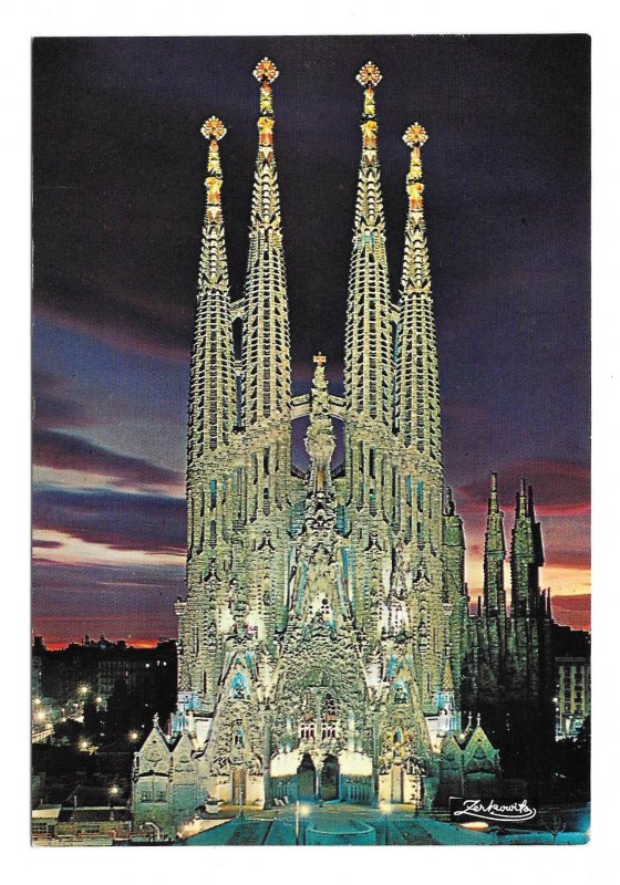 Spain Barcelona Expiatory Temple of the Holy Family Church Night 4X6 Postcard