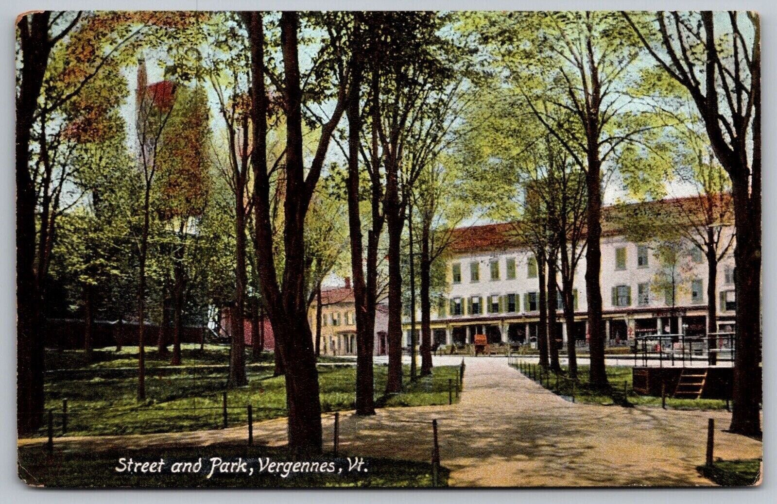 Street View Park Vergennes Vermont Walkway Metropolitan News Co Vintage Postcard United States