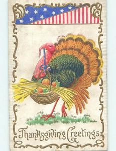 Pre-Linen patriotic USA FLAG & TURKEY CARRYING HARVEST BASKET HJ3044