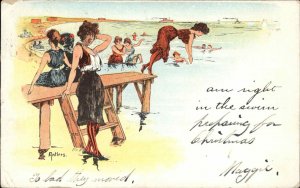 A/S Antlers Bathing Beauty Women Swimming Diving on Beach c1910 Postcard