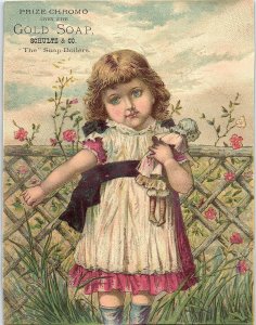 1880's Lovely Girl With Doll Gold Soap Schult Trade Card #2 &W