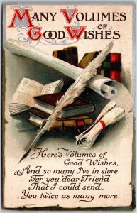 Many Volumes Of Good Wishes, 1909 Stack Of Books, Quill Pen Ink Bottle, Postcard