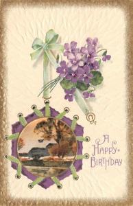 Happy Birthday    VIOLETS & GREEN LACED RIBBON  1911 Embossed Gold Edge Postcard