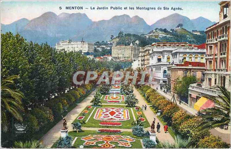 Old Postcard Menton The Public Garden and the Mountains of St. Agnes