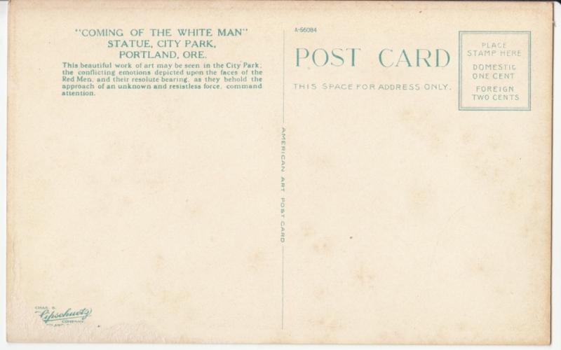 Coming of the White Man Statue, City Park, Portland, Oregon, unused Postcard