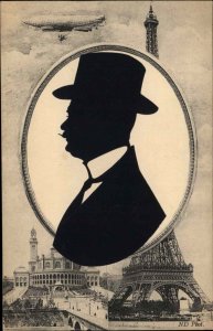 Paris Silhouette Eiffel Tower Man in Hat Pasted On Dirigible c1910 Postcard