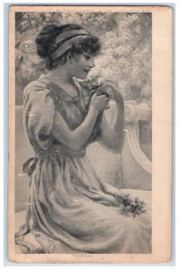 1907 Tessa Pretty Woman Dress Curly Hair Fixing Ribbon Posted Antique Postcard 