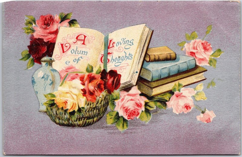 A Volume Of Loving Thoughts Rose In Basket With Open Books ,Vintage Postcard