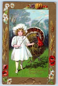 Thanksgiving Postcard Greetings Girl Grazing Turkey Daisy Flowers Wheat Embossed