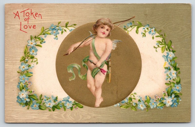 Valentine~Gossamer Cherub Cupid~Gold Ball~Forget-me-Not Hearts~Grain Back~Winsch 