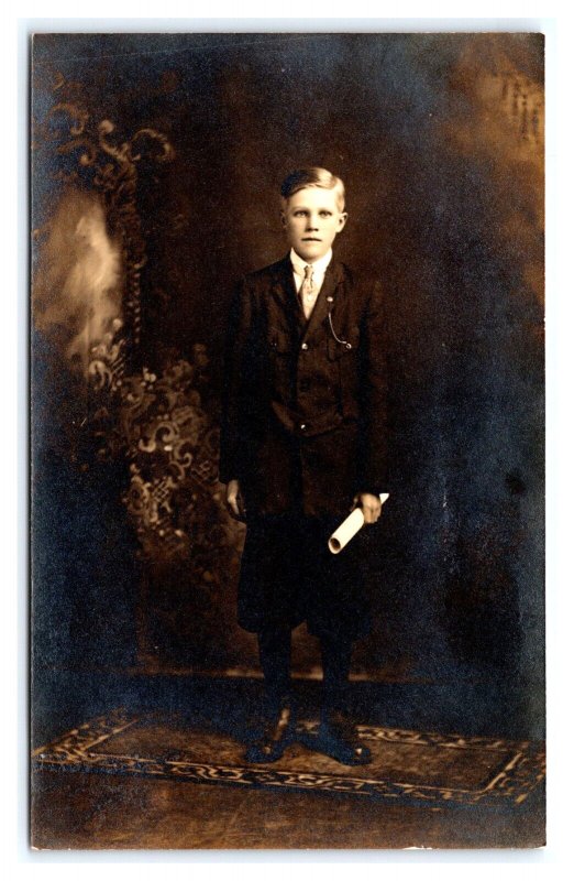 RPPC Dapper Young Man Holding Diploma Studio View Bromide Photo Postcard U4