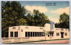 Gatlinburg Tennessee~Riverview Cafe St View~Sign~Guardrail~Linen 1940s Postcard