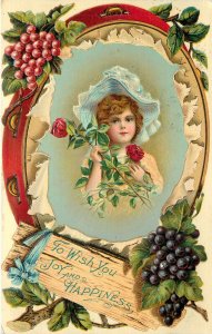 Embossed Postcard Girl With Flowers Tambourine Greetings From ... Grapes