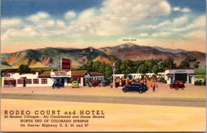 Linen Postcard Rodeo Court and Hotel US 85 and 87 Colorado Springs Pikes Peak