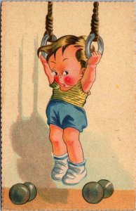 Little Boy In Gym, Hanging From Rings Vintage Postcard W49