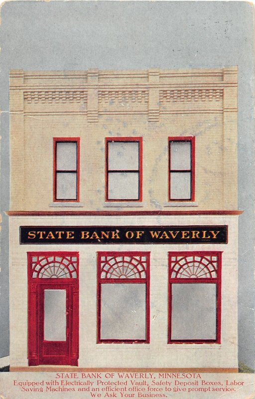 H11/ Waverly Minnesota Postcard 1912 State Bank Building Vault Electricity