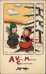 Mary LaFetra Russell Christmas Little Boy and Girl in Snow c1910 Postcard