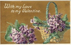 Vintage 1900s Valentine Postcard Violets Basket