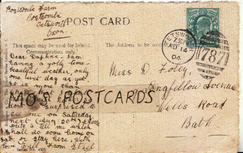 Genealogy Postcard - Foley - 9 Longfellow Avenue - Wells Road - Bath - Ref 9201A