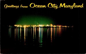 Maryland Ocean City Greetings Showing Night Scene On Sinepuxent Bay From U S ...