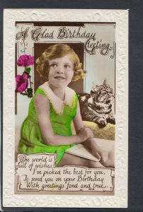 Greetings Postcard - A Glad Birthday Greeting - Girl and Her Cat  T9621